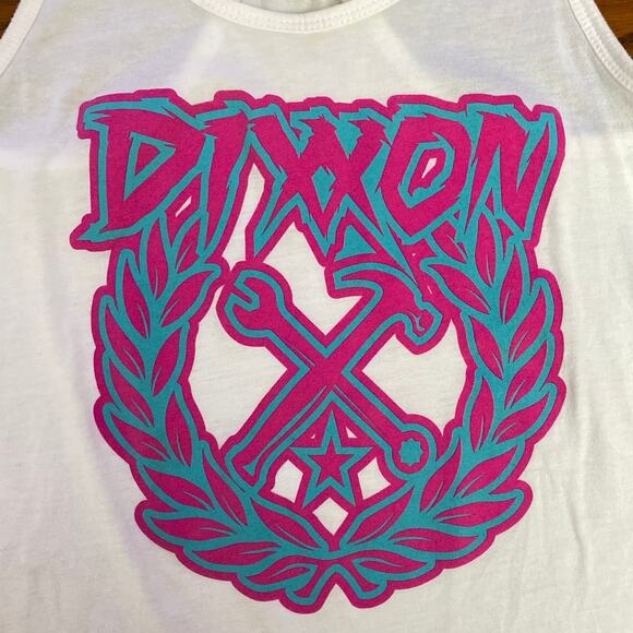 Dixxon Tank Top Sz Med Pink Blue Graffiti Front Graphic Wrench Hammer motorcycle - Picture 1 of 8